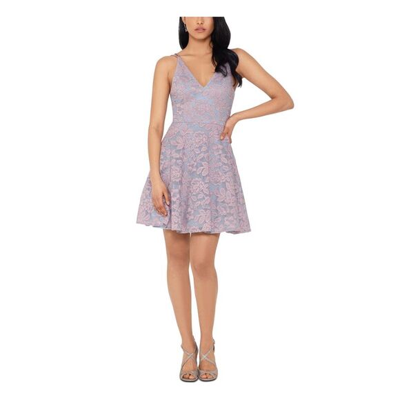 XSCAPE Womens Pink Lined Spaghetti Strap V Neck Short Prom Fit + Flare Dress 8 - Picture 1 of 4